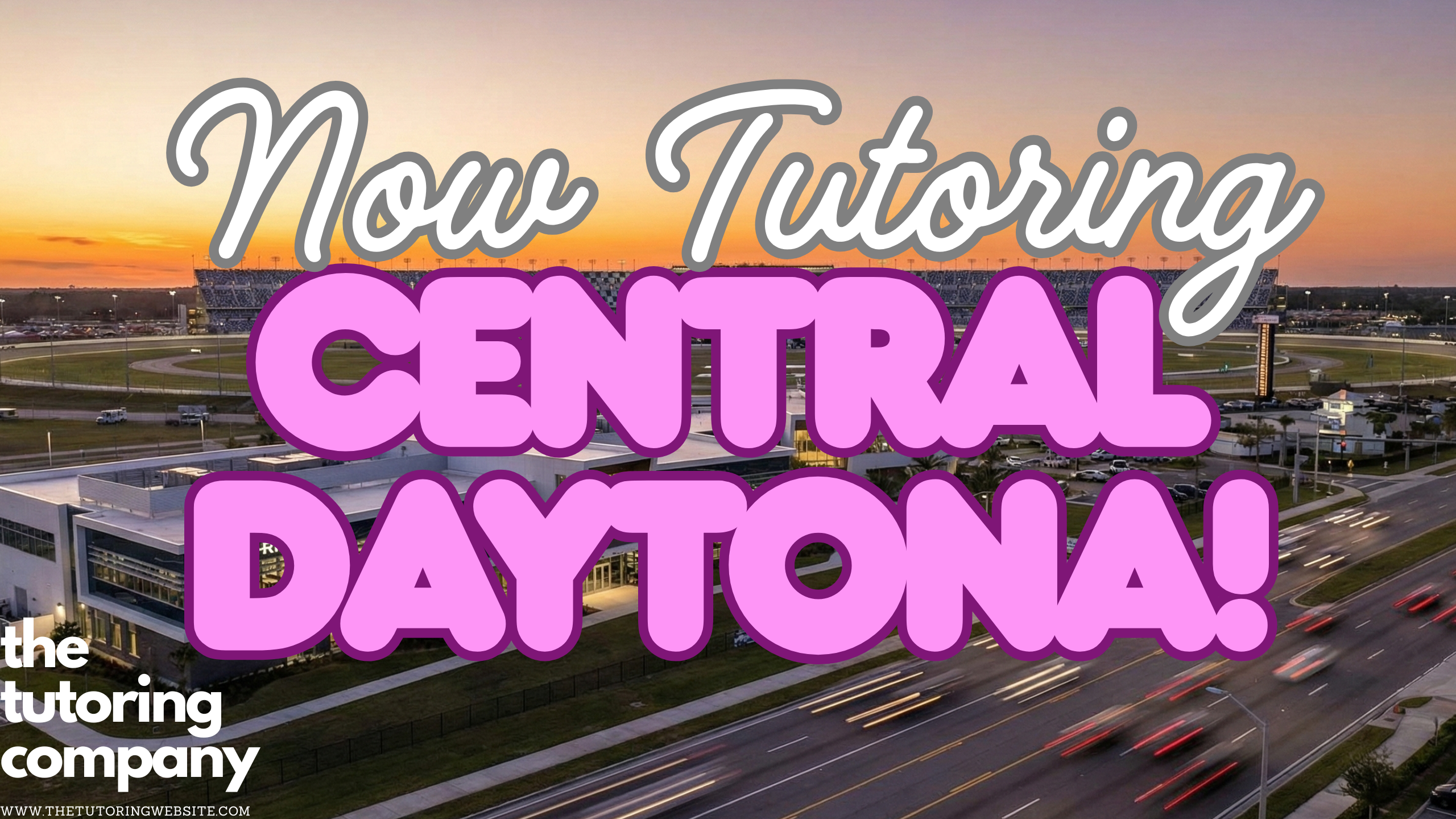 Aerial sunset view of the Embry-Riddle Aeronautical University campus in the foreground with the Daytona International Speedway stadium in the background, symbolizing the academic and industrial hub of Central Daytona along International Speedway Boulevard.