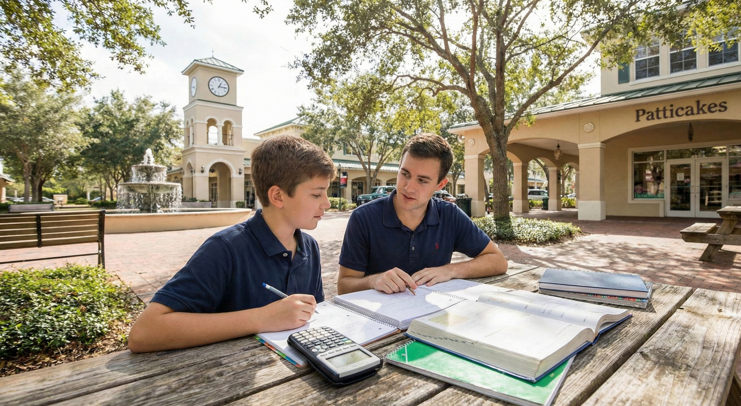 One-on-one math tutoring session at Haile Village Center in Gainesville, FL, featuring the iconic clock tower and Patticakes storefront in the background.