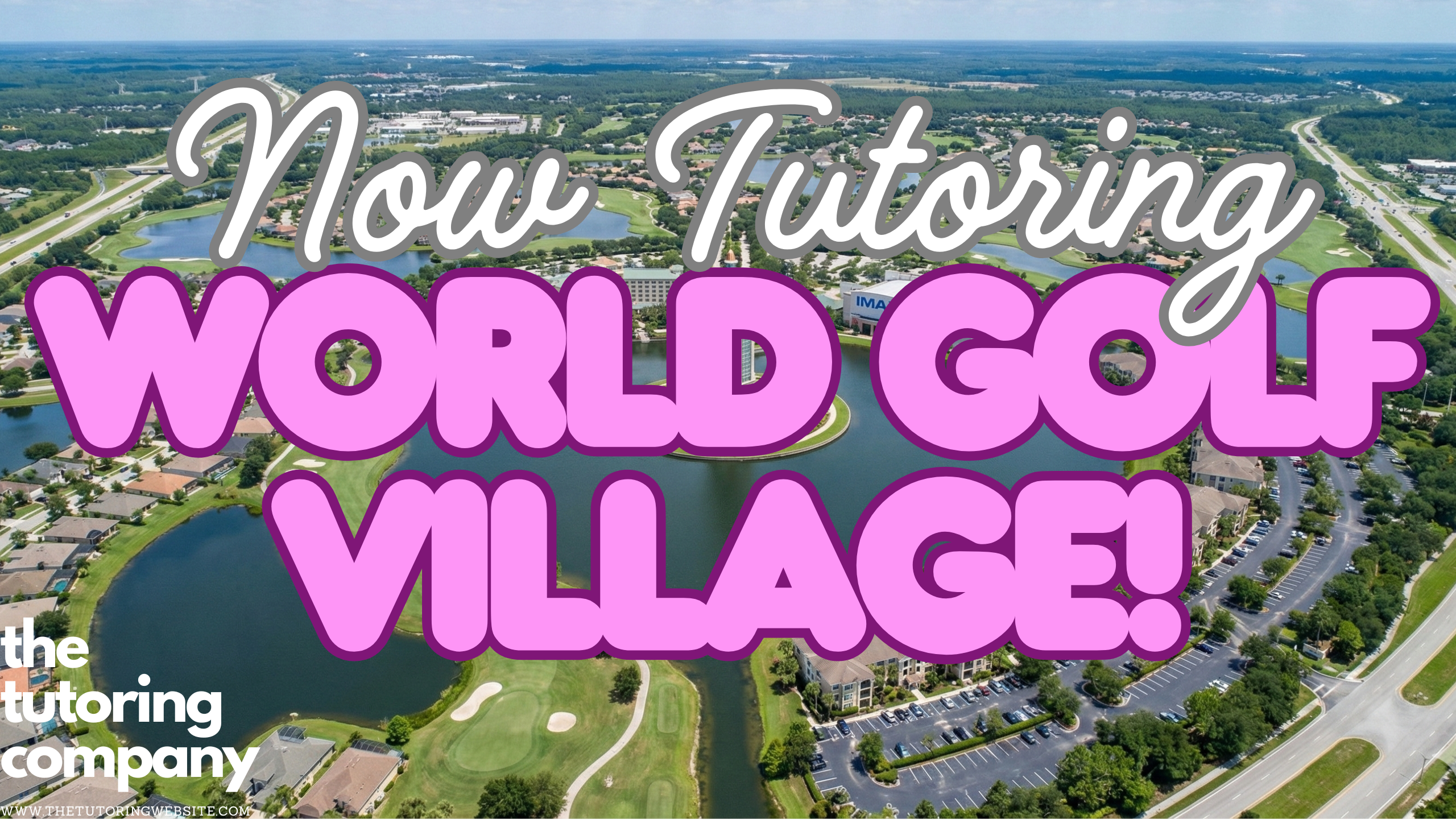 The iconic tower and lake at the center of World Golf Village at sunset.