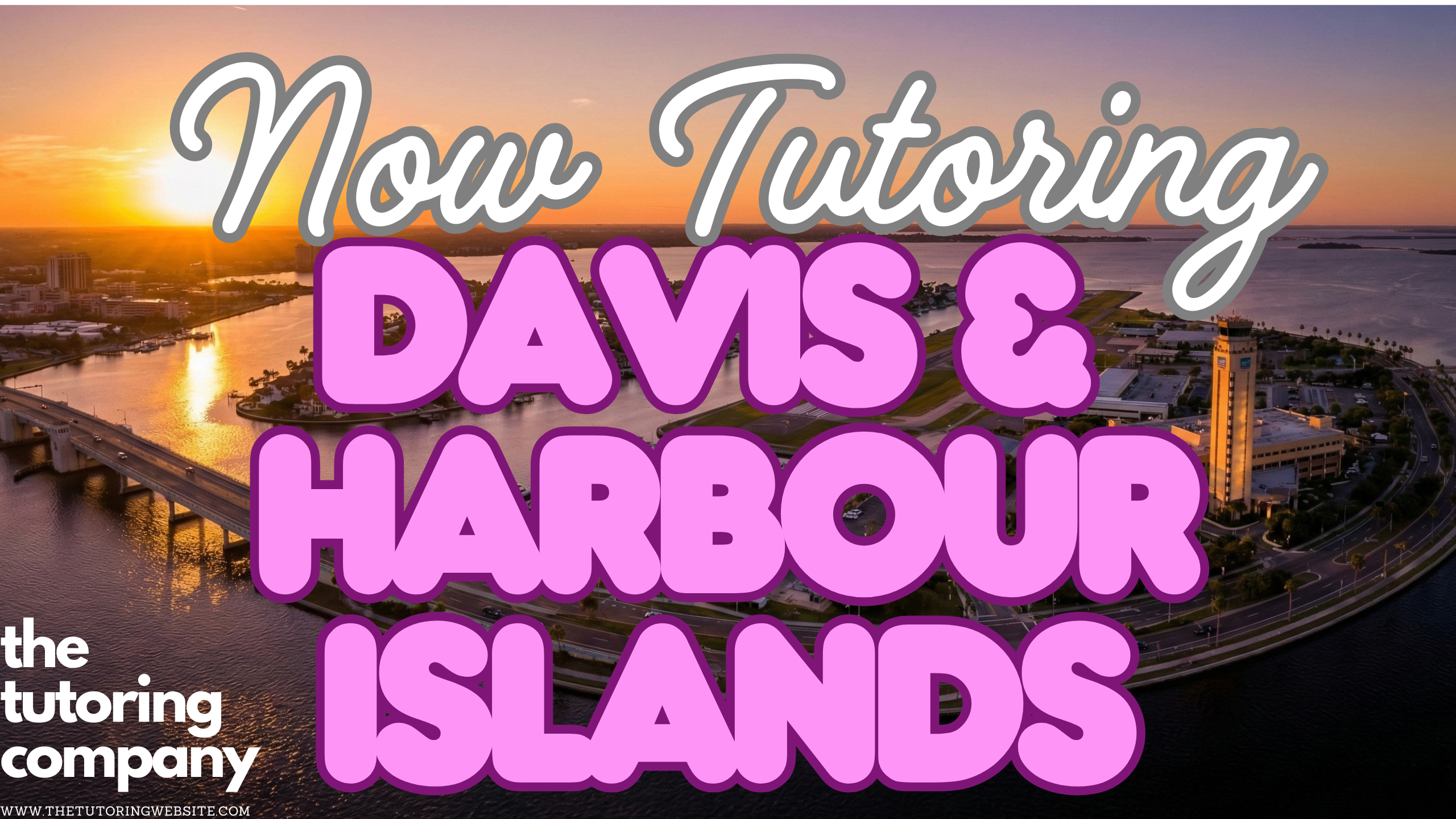 Aerial drone view of Davis Islands in Tampa, Florida, captured during golden hour. The image displays the bridge connecting the island to downtown, the Peter O. Knight Airport runways at the southern tip, and the marina filled with boats, with warm sunset light reflecting off the waters of Hillsborough Bay.