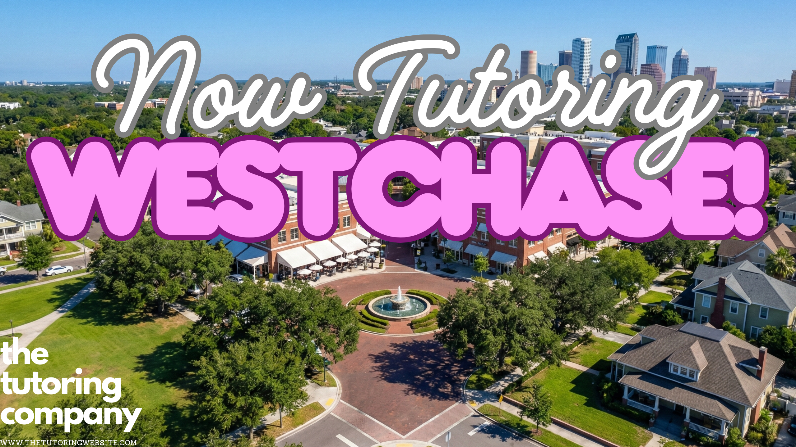 Aerial view of the clock tower and fountains in West Park Village center.
